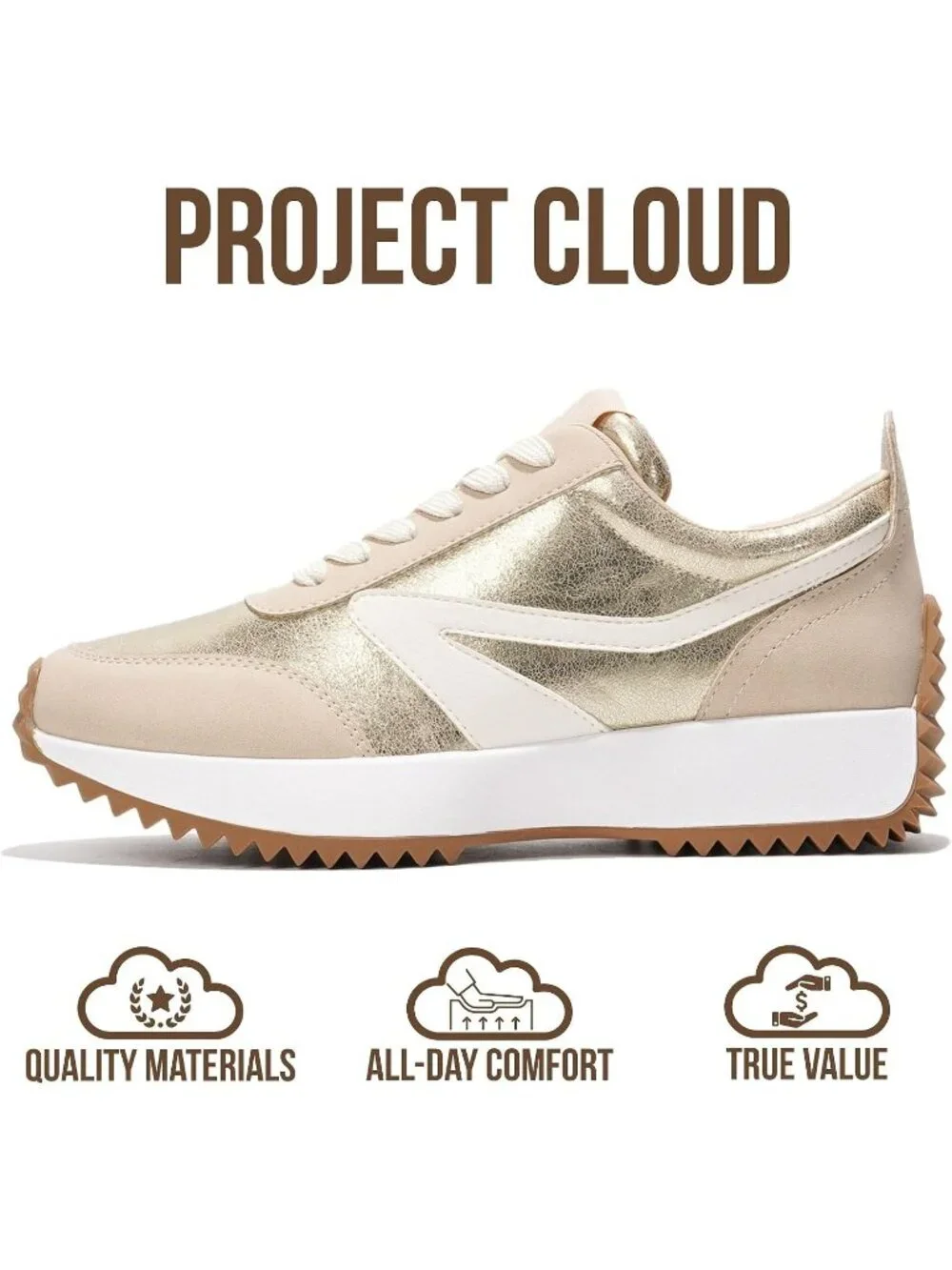 🆕Project Cloud Women's Balinda-gold Sneakers Memory Foam Lightweight Lace Up